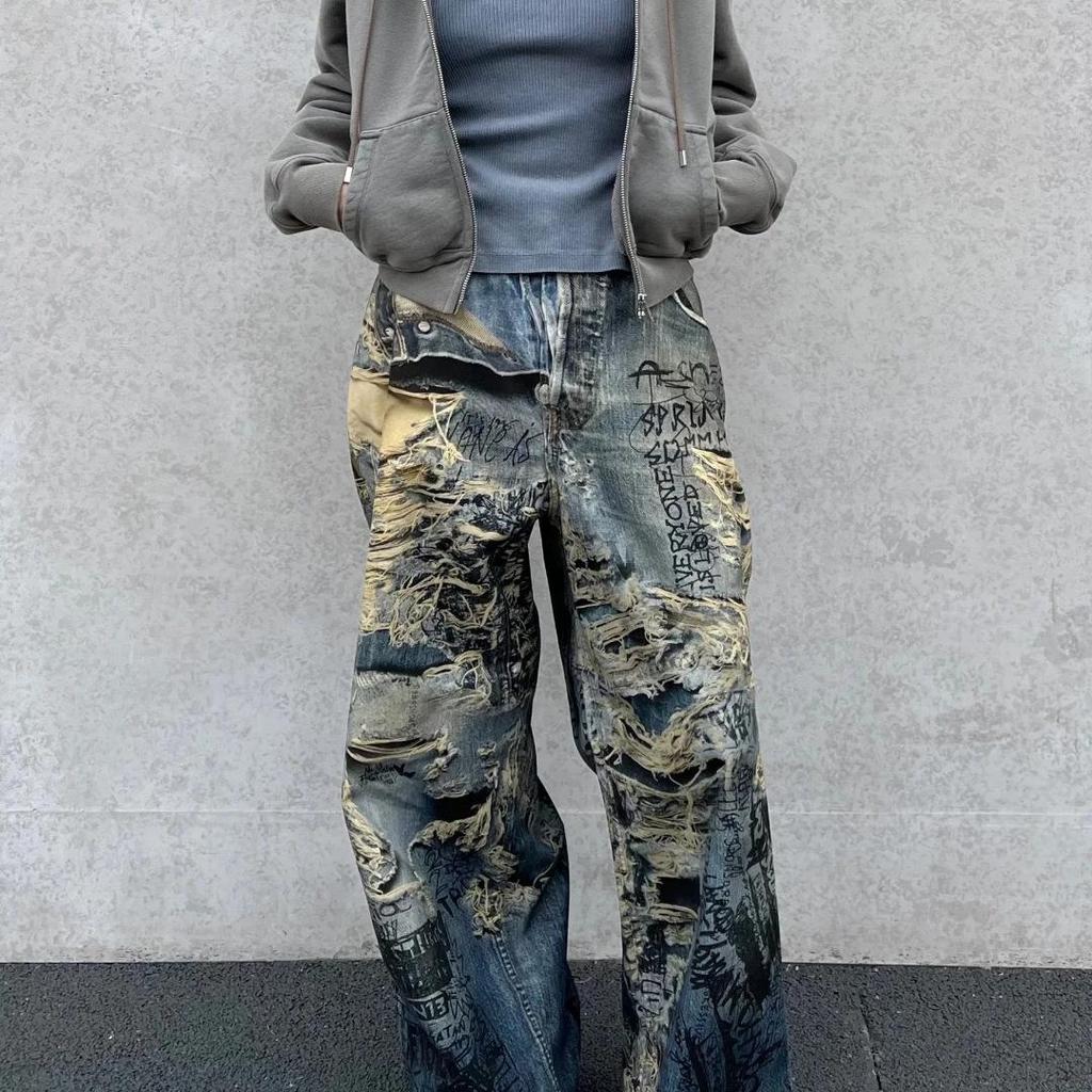 2025 High Street Distressed Handbemalte Graffiti Weitbeinige Jeans für Damen - 3D-Druck, Gewaschen, Frühling Stil