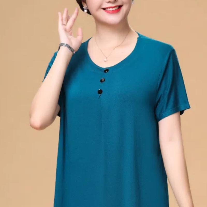 Simplicity Casual Summer Solid New Women's Round Neck Button Temperament Fashion Versatile Loose Short Sleeve T-Shirts Tops