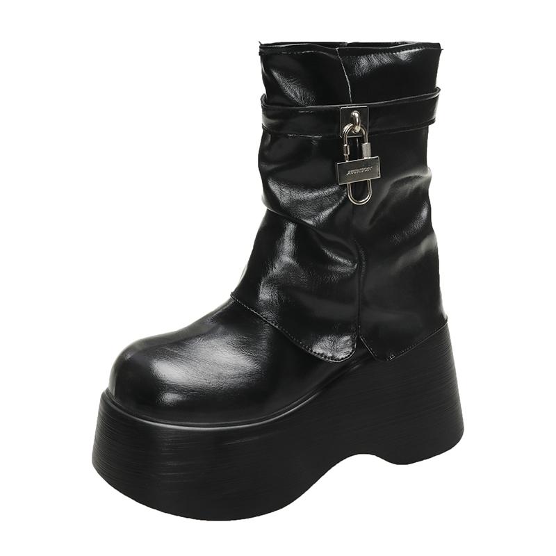 Fashion 10CM Women Chunky Ankle Boots Winter Height Increasing Warm Fur Snow Boots Lace Up Belt Buckle Sneakers Leather Motorcycle Boots