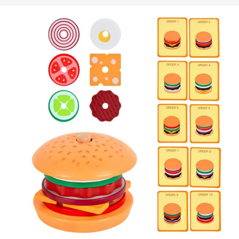 Todders Montessori Toy Wooden Hamburger Sandwich French Fries Sorting Stacking Toys Pretend Play Food Toy Kid Role Playing Games