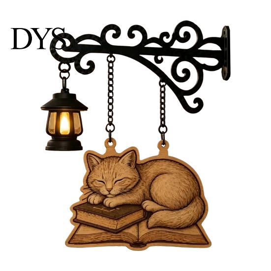 Cat Decor for Book Lovers Vintage Bookshelf Light with Sleeping on Design, Retro Lantern Unique Craft Gifts Students Lamp Reading, Decorative