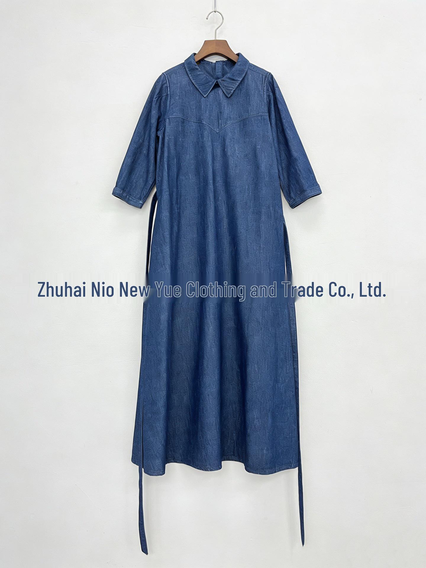 

26-Year Early Spring Japanese Casual Yarn-Dyed Cotton Linen Dress One Size джинсовый синий