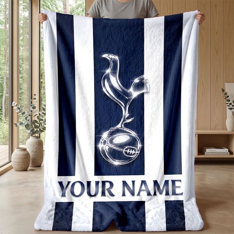 Tottenham Hotspur FC Custom Name Text Flannel Blanket Soccer Logo Personalized Fleece Throw Blanket Special Gift For Sofa Bedroom Home