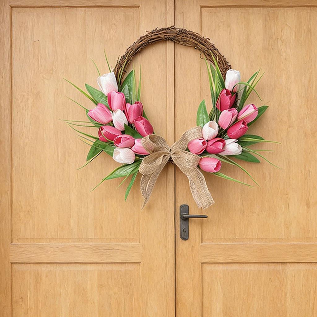 Flower Wreath Front Door Easter Wreath Fadeproof Artificial Spring Wreath for Indoor Outdoor Home Decor Red Pink White
