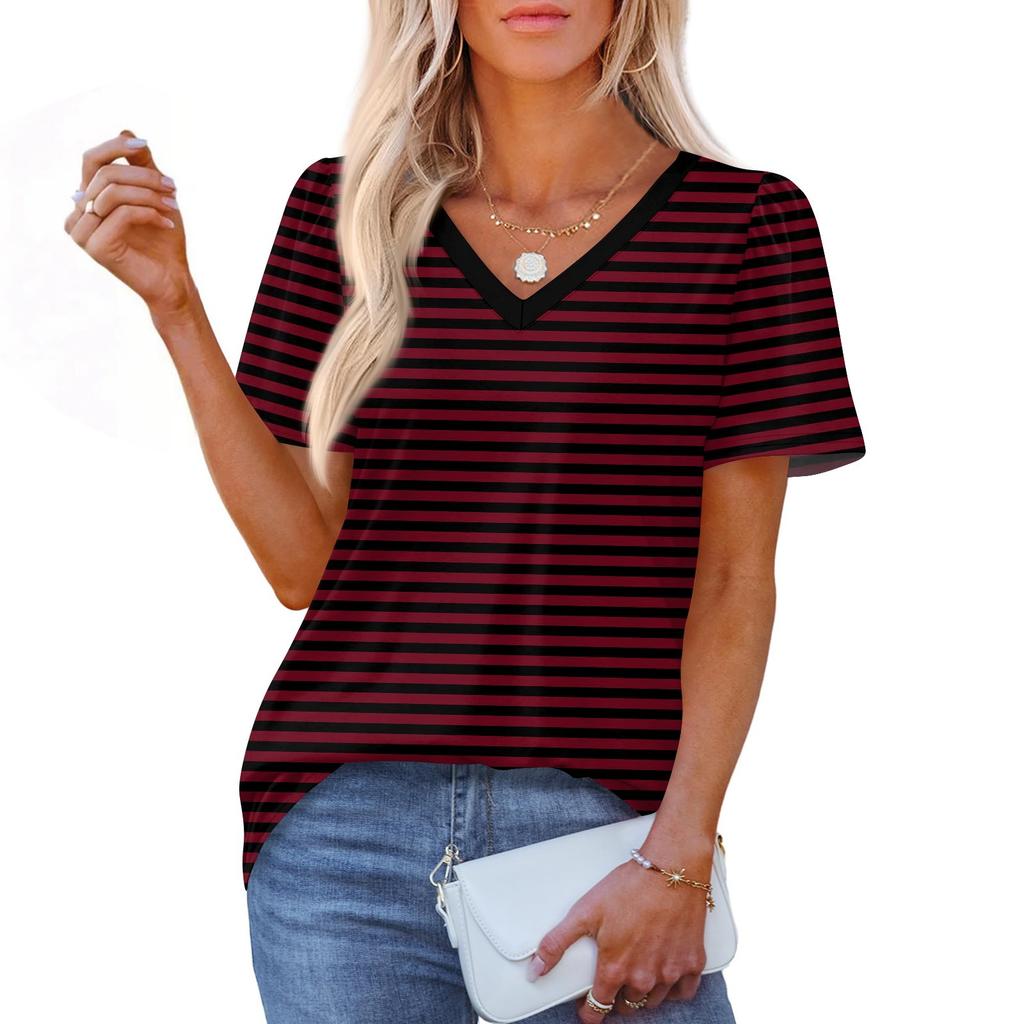 Women's Fashionable Casual Short Sleeve Print V-Neck Pullover Top