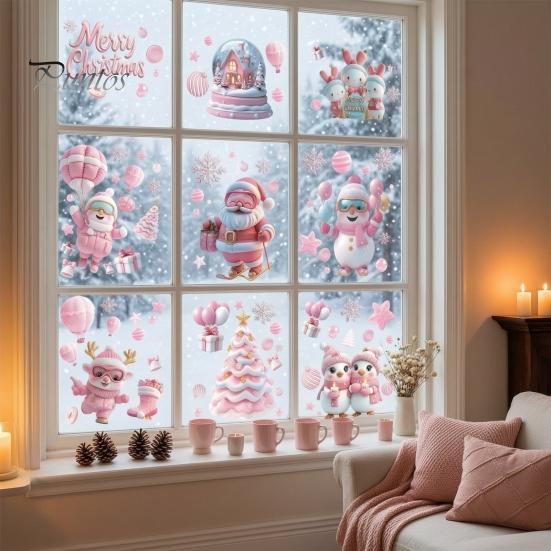 Christmas Window Clings 9Pcs Pink Static Clings, Santa Snowman Bunny Penguin Glass Bedroom Art Decals, Reusable Xmas Stickers, Holiday Decor for Home