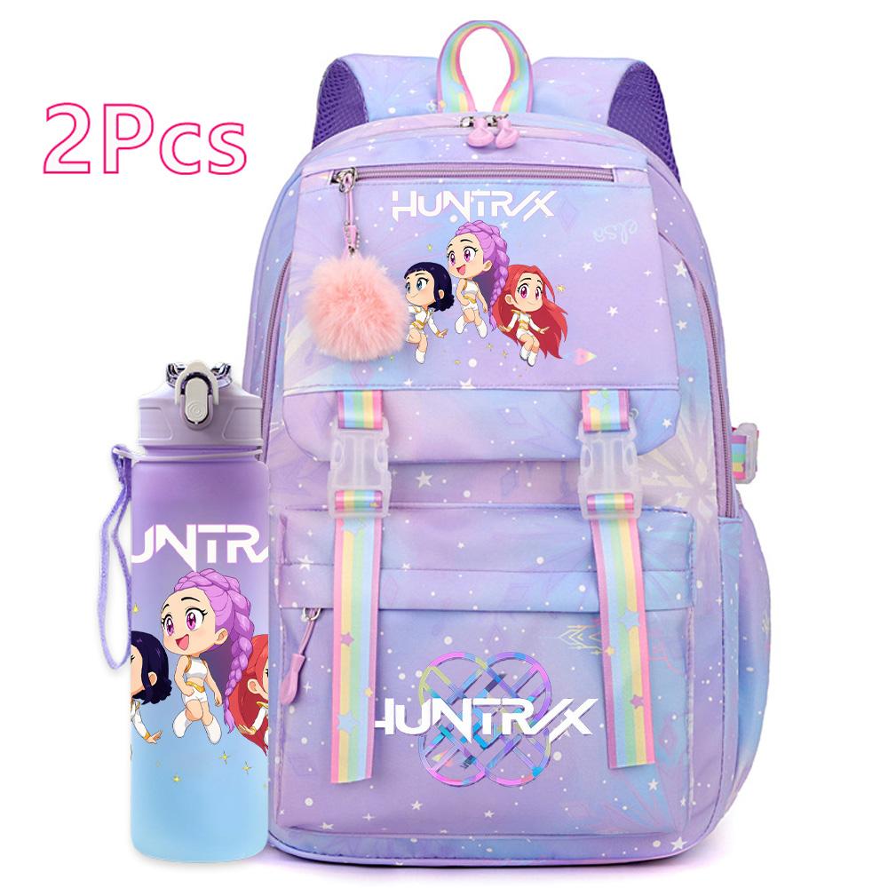 2Pcs/set Cute K-Pop Demon Hunters Printed Backpack with 750Ml Water Bottler for Teenager Student Girl Boy Large Capacity Waterproof Bookbag Travel Bag