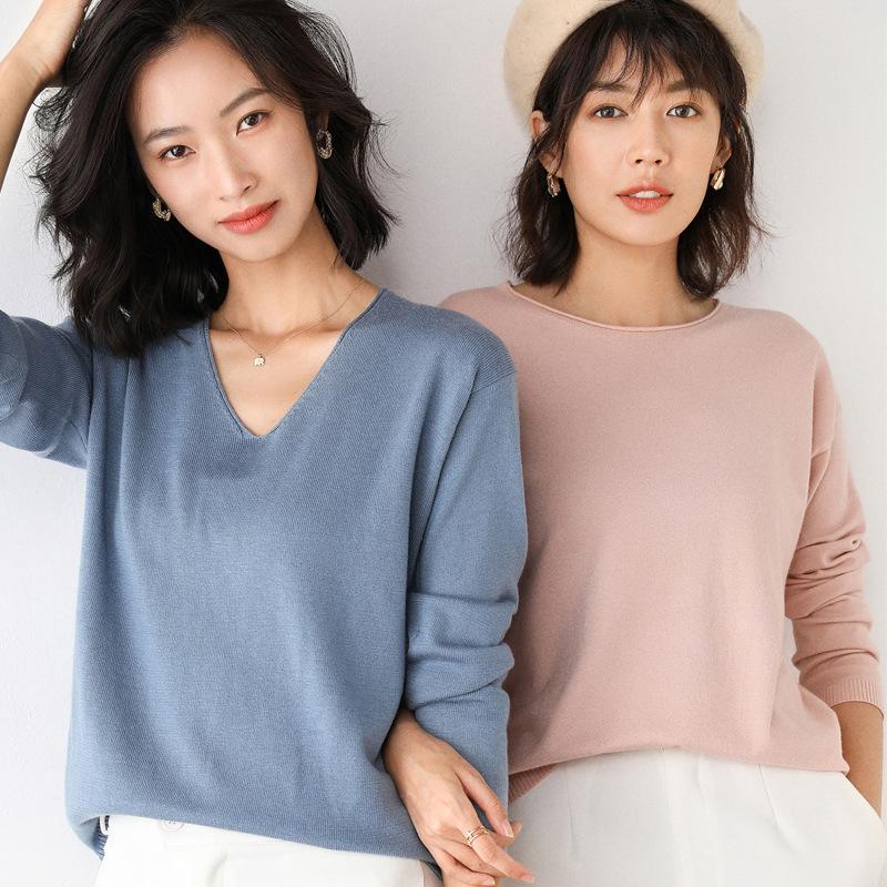 Spring and Autumn Knitwear Women's Round/V Neck Loose Sweater Women's All-match Bottoming Shirt Comfortable Women's Clothing