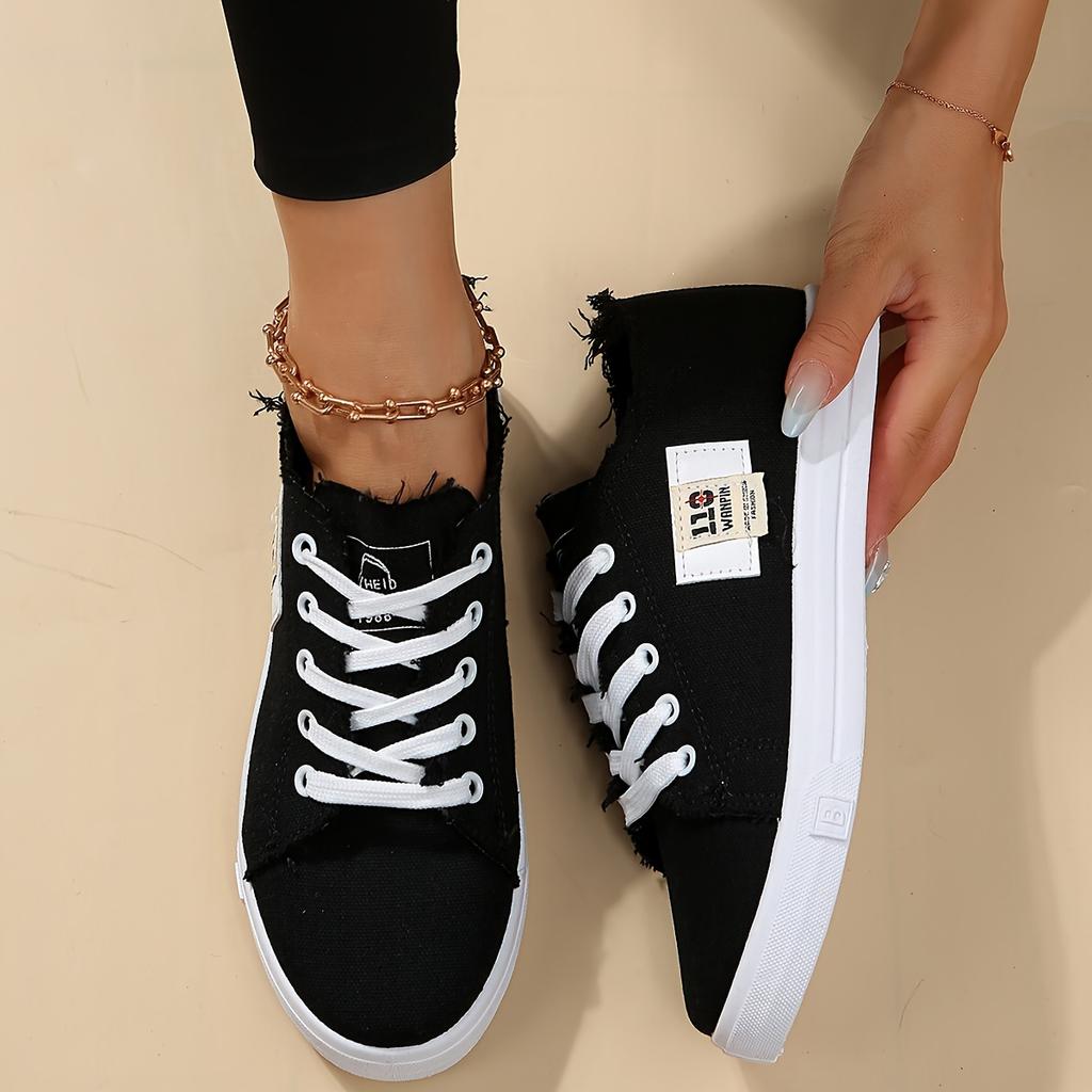 Women's Solid Color Canvas Shoes, Casual Lace Up Outdoor Shoes, Lightweight Low Top Sneakers