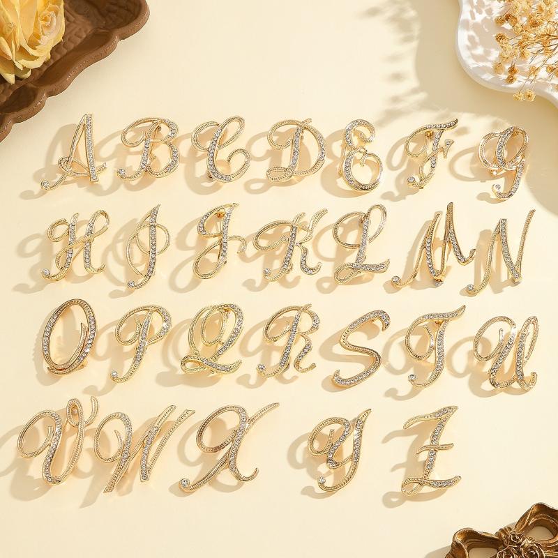 2Pcs  Full  Encrusted Gold And Silver Alphabet Letter Brooches Pins Minimalist Clothing Jewelry Accessory