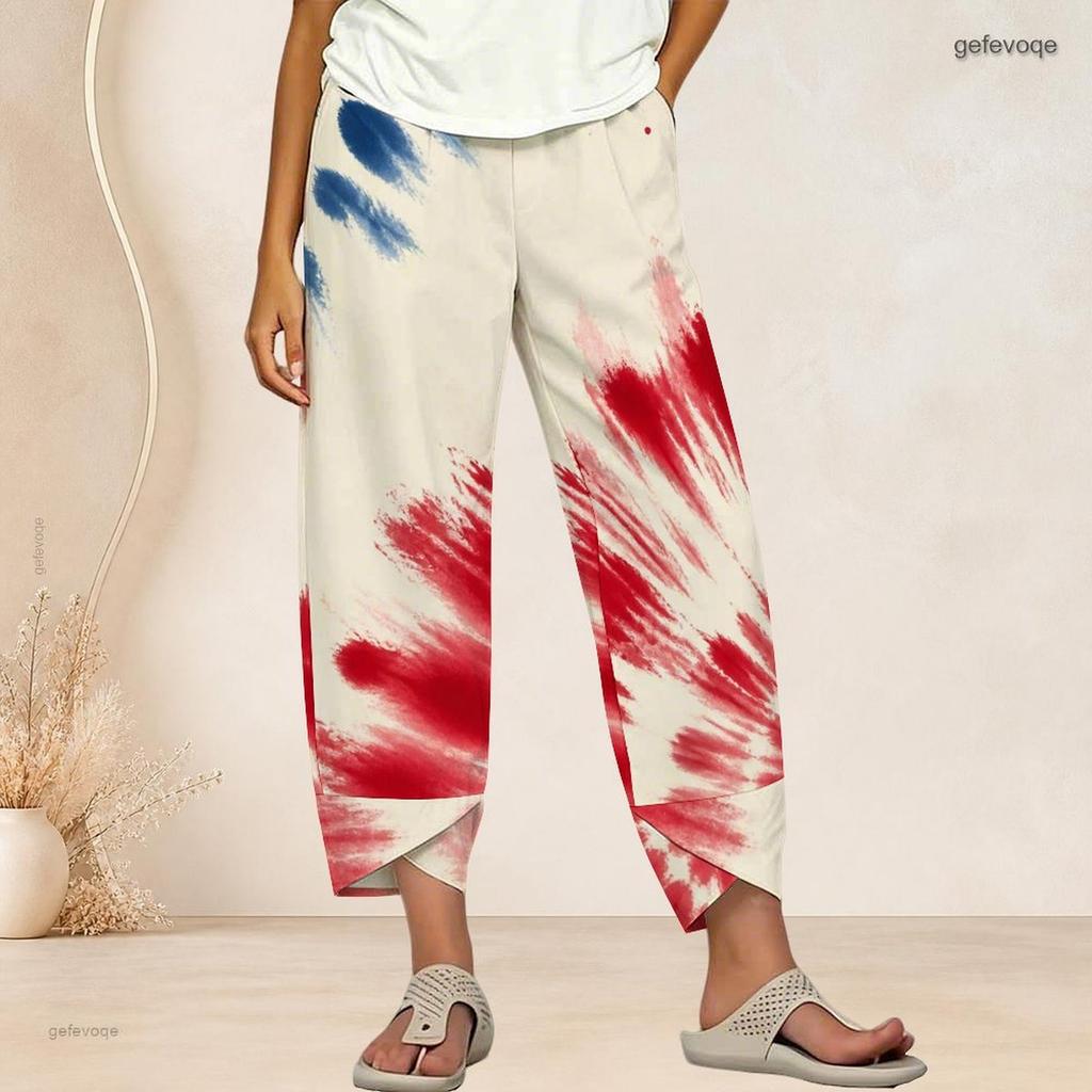 Women Plus Size Cross Hem Long Pants Burst Star Glitter Patriotic Print Loose Casual Trousers