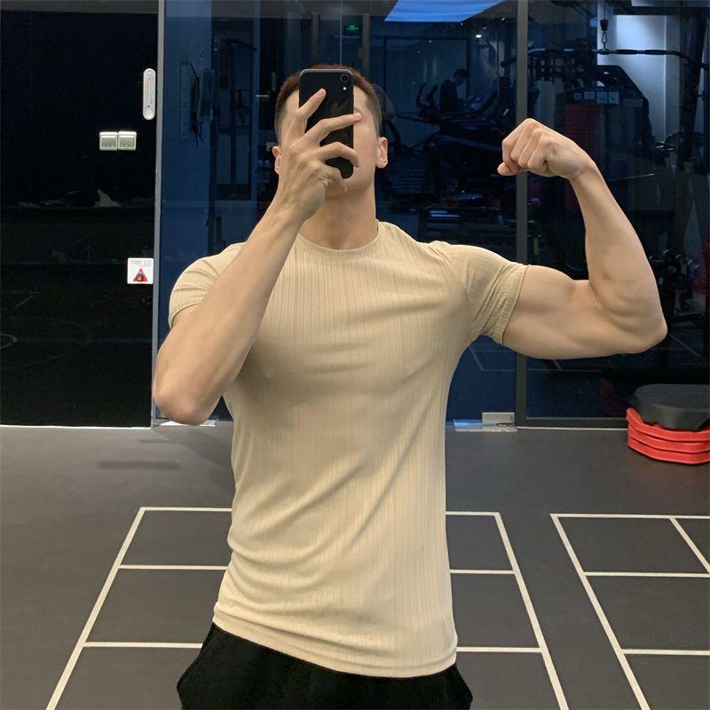 Ice Silk High Elastic Quick-drying Sports Short-sleeved Solid Color Fitness Clothes Men's Tight Round Neck T-shirt