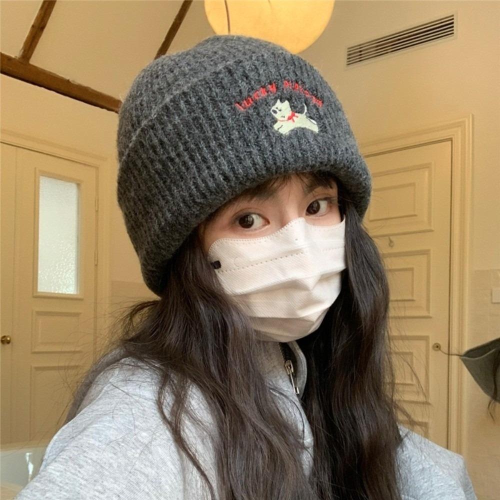 Puppy Embroidery Winter Knitted Hat Winter Warm Crochet Bonnet Hat Cute Beanie Cap