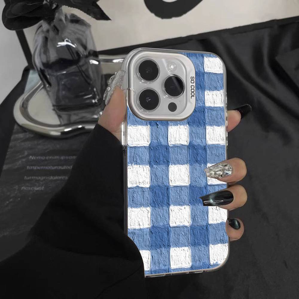 Ins Korean Blue Striped Grid Phone Case For iPhone 17,16,15,14,13,12,Pro,XS,Max,Plus,Mini,SE White Candy Matte Shockproof Cover