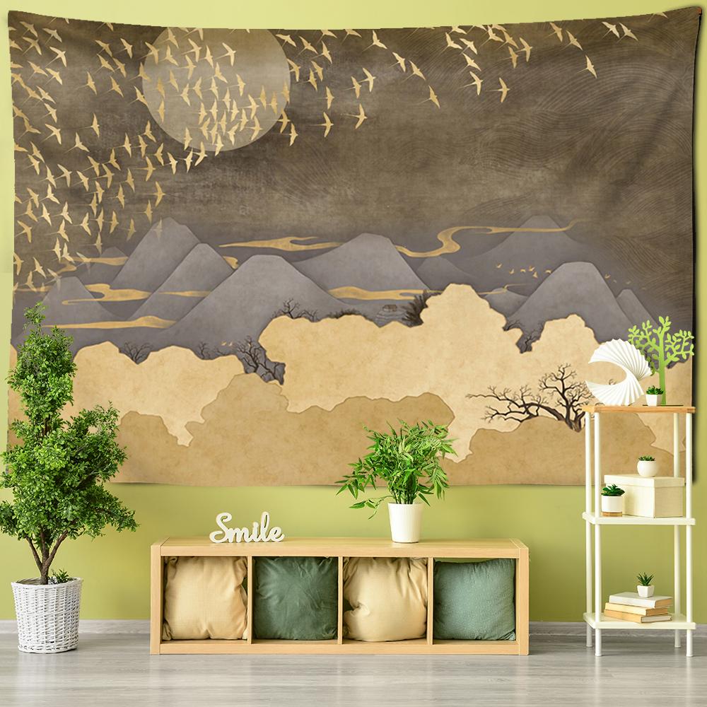 Mountains Sun Moon Landscape Print Tapestry Migratory Birds Fly Wall Hanging Tapestry Macrame Wall Hanging Home Art Decor