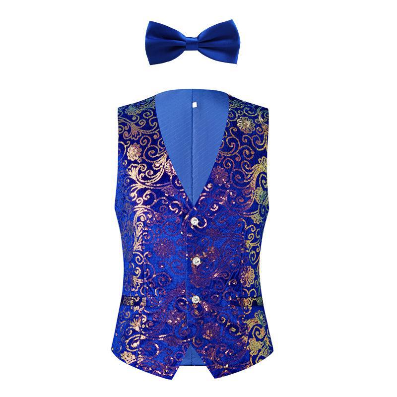 

Мужской бархатный костюм с блестками и узором «облако» — жилет для выступлений на сцене королевского синего и зеленого цвета Vest + Bow Tie, M синий