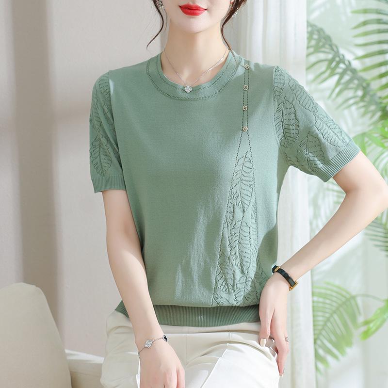 2026 New Style Summer Ice Silk T-Shirt: Chic Short-Sleeved Knit for Middle-Aged & Elderly Women