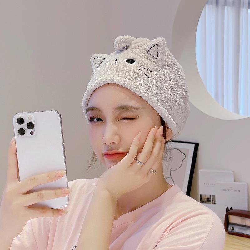 Cartoon Cute Cat Ear Dry Hair Cap, Face Wash Headband, Makeup Remover, Coral Velvet Absorbent Dry Hair Towel