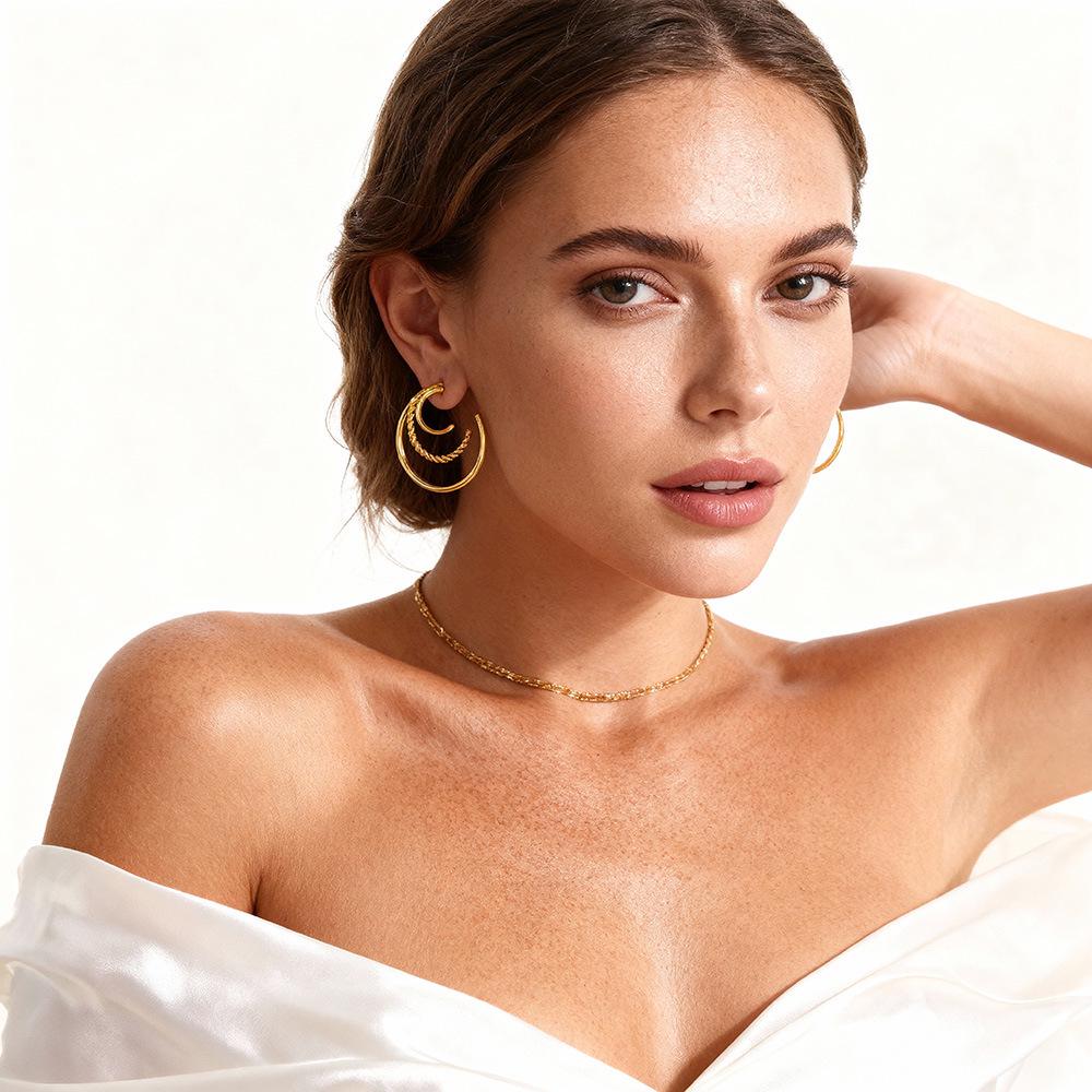 18k Gold Plated Stainless Steel C-Shaped Geometric Earrings with Three Layers - Simple, Niche Design