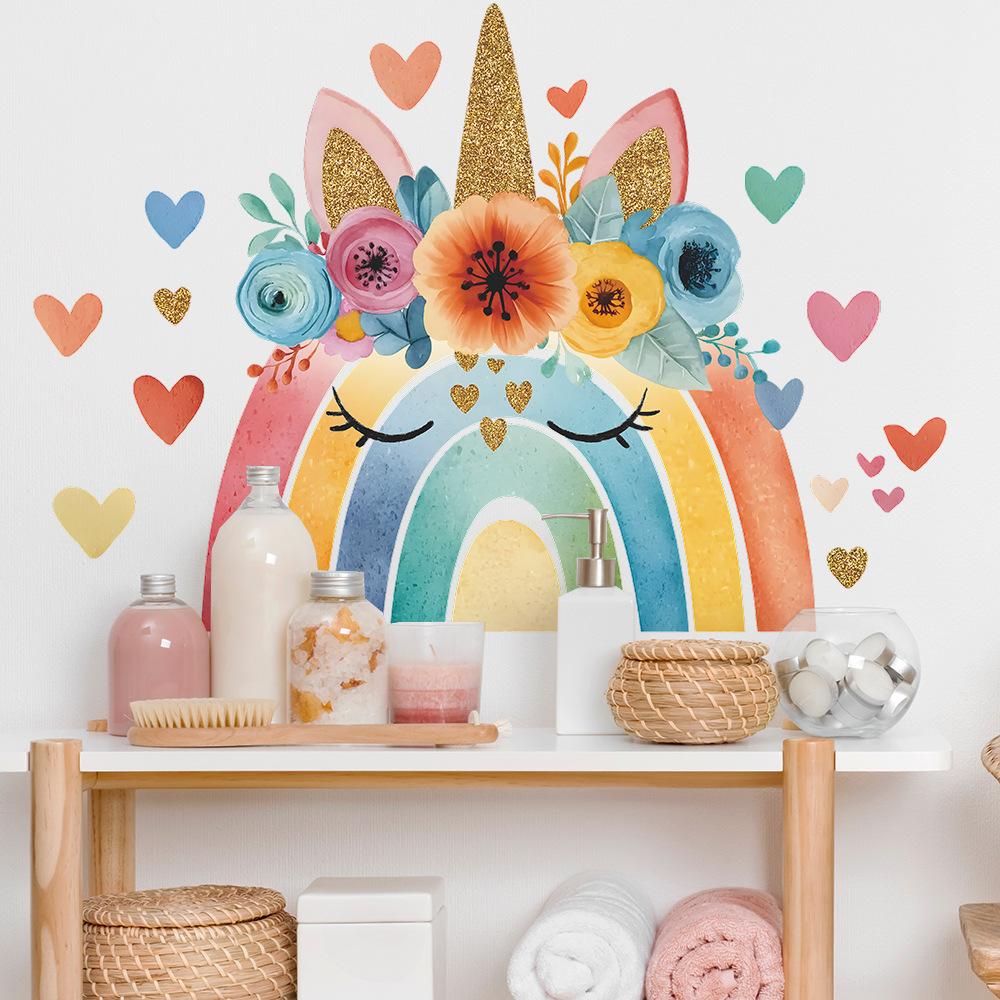 Self-adhesive Wall Stickers Cartoon Rainbow Unicorn Hearts for Kids Room Bedroom Living Room Home Decor