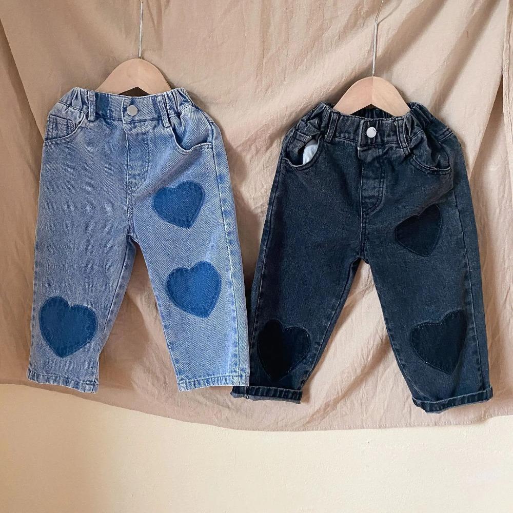 Spring Girl Baby Patch Love Jeans Retro Boy Children Pockets Casual Pants Loose Kid Cotton Trousers Toddler Denim Pants
