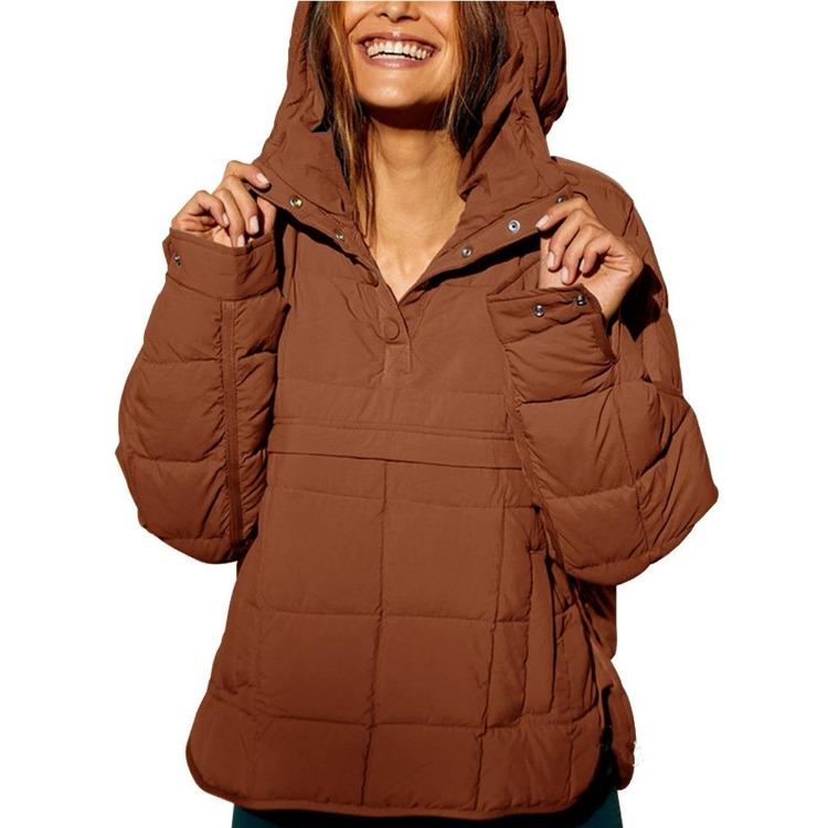 New Women Cotton Padded Coat Autumn Winter Hooded Pullover Long Sleeve Solid Color Pockets Outerwear S темно-коричневого