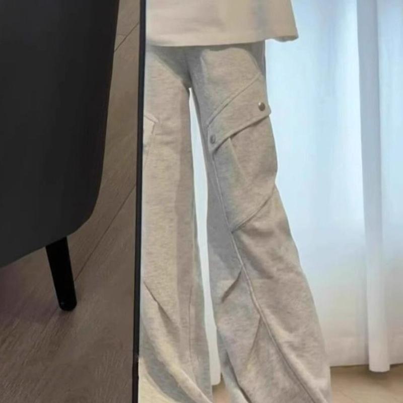 Vintage American High-Street Grey Sweatpants for Women - Spring Loose Straight-Leg Floor-Length Casual Wide-Leg Joggers