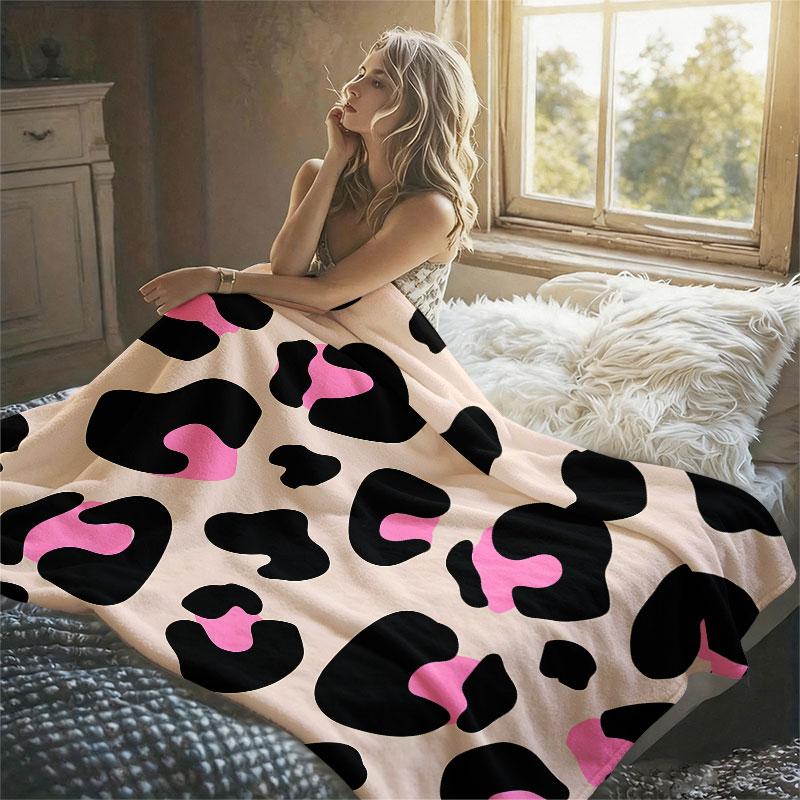 Pink Black Leopard Flannel Blanket Warm Soft Halloween Christmas Decorative Couch Warm Cozy All-Season Gift