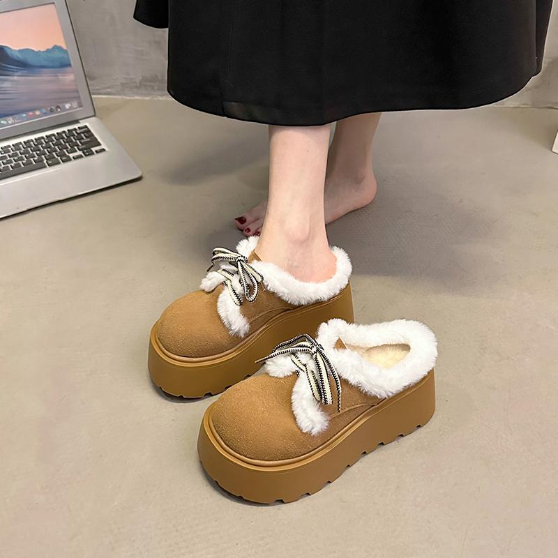 Fashion Platform Wrapped Hairy Slippers for Women 2025 Autumn and Winter New Small Heightened Lace-up Lazy Cotton Shoes