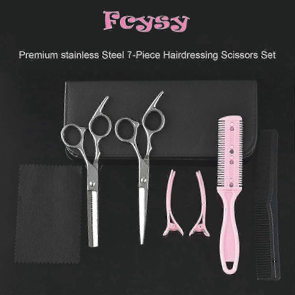 DIY Hair Kit - Haircut Scissors Thinning Shears - Professional Barber Sharp Haircut Scissors Hair Clipper Set with Leather Case for Haircut 7 Piece Se