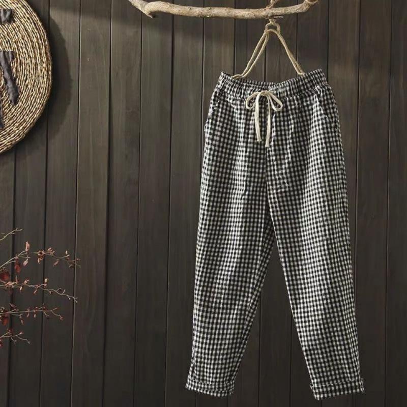 İlkbahar Yaz Ekose Pantolon Kadın Harem Pantolon Kapri İpli Bel Büyük Beden Günlük Bol Pantolon Kadın