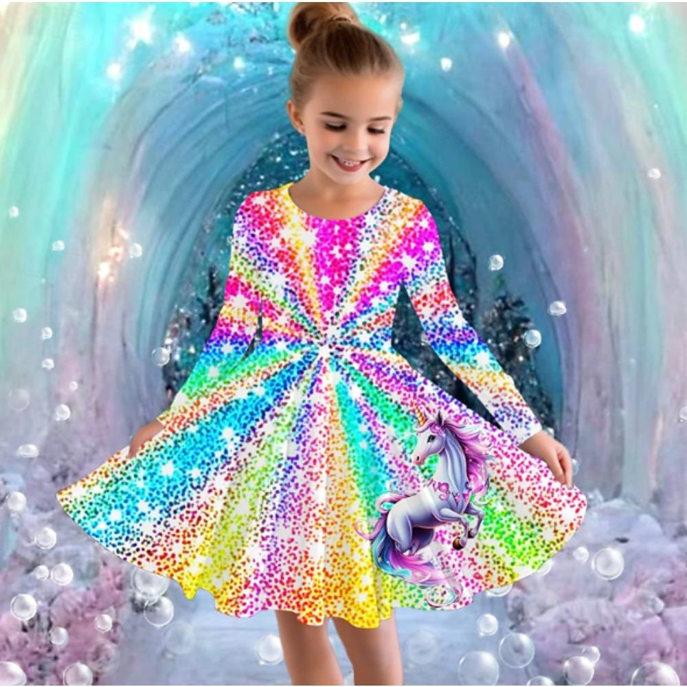 Mädchen Freizeitkleid mit 3D-Einhorn-Print, Rundhalsausschnitt, lange Ärmel, Kinder Prinzessinenkleid