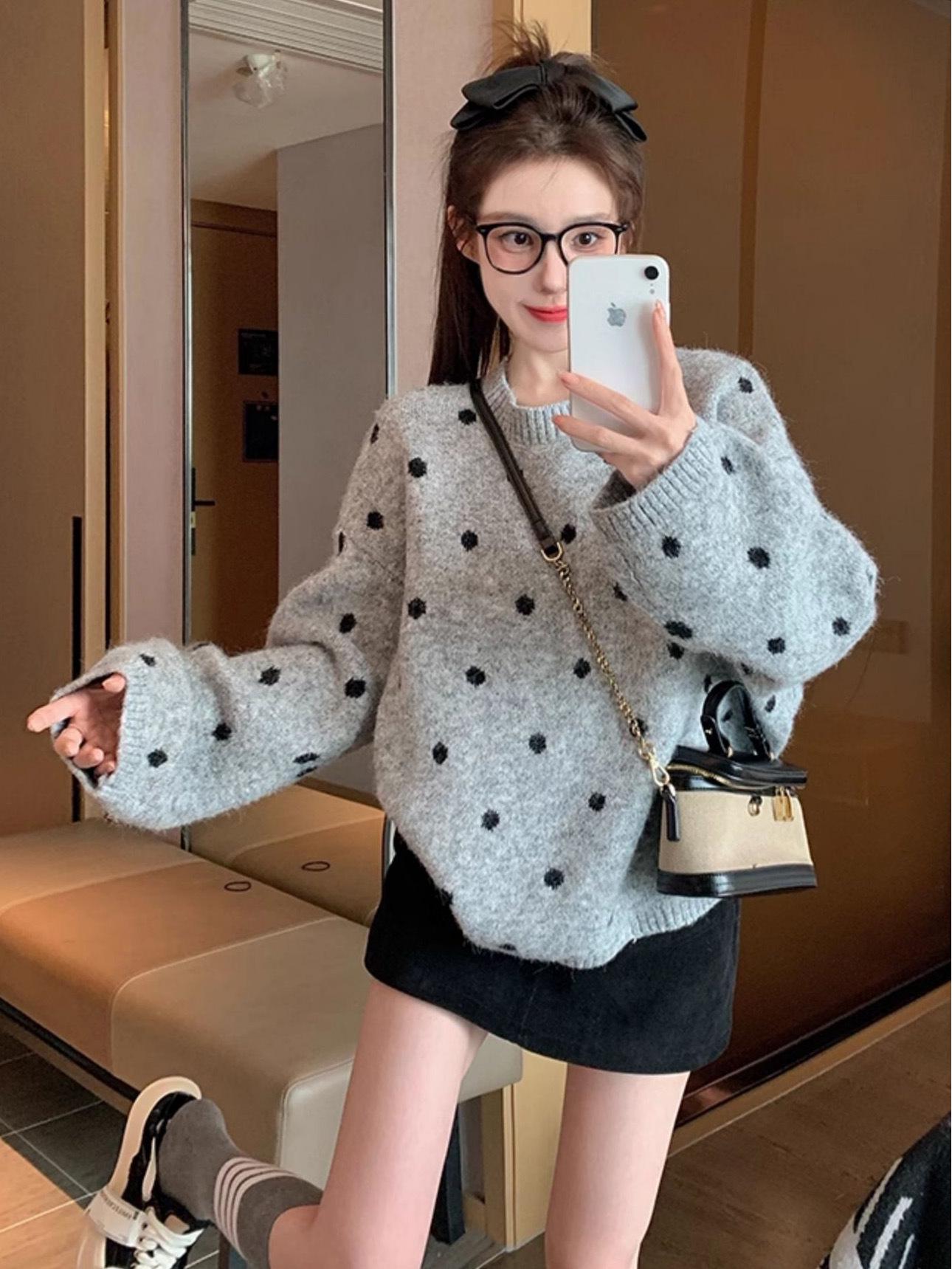 

Women s Khaki Polka Dot Pullover Sweater - New 2025 Autumn/Winter Loose Casual, Lazy Style Knit Top 2XL