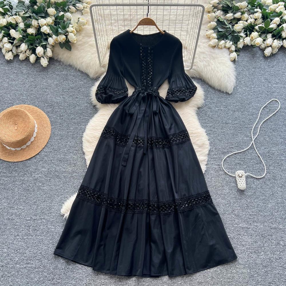 

Висококласна сукня максі з важким шнуруванням, панеллю з паєток, поясом на талії та рукавами-ліхтариками для жінок, чарівна довга жіноча сукня на осінь One Size чорний