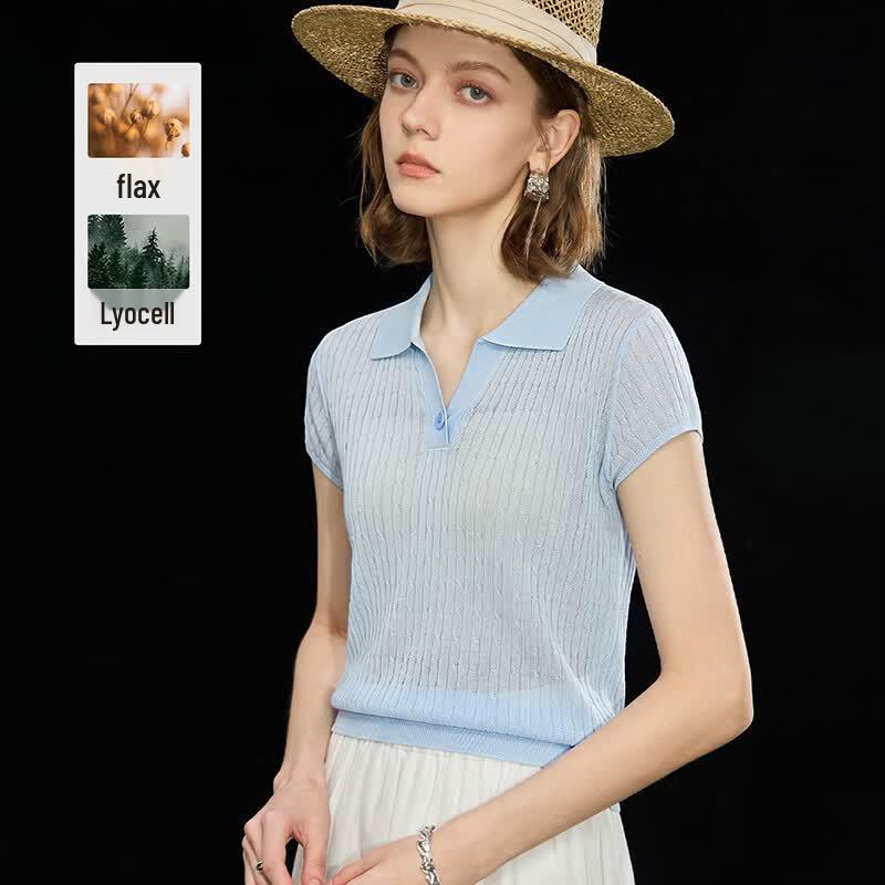 Women's Tencel Linen Ribbed Knit Polo T-shirt