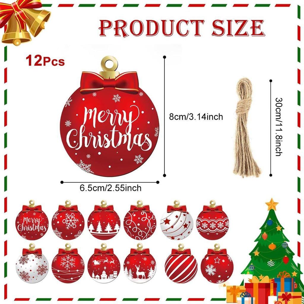 Christmas Decorations Wooden Ornaments, 12Pcs Red Hanging Christmas Tree Decoration Items with Snowflake Pattern, Wood Baubles for Xmas Tree