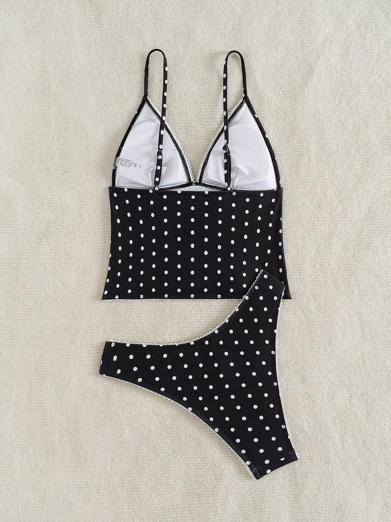 Women's Tankini Strap V-neck Polo-dot Low Waist Sexy Split Bikini Swimsuit