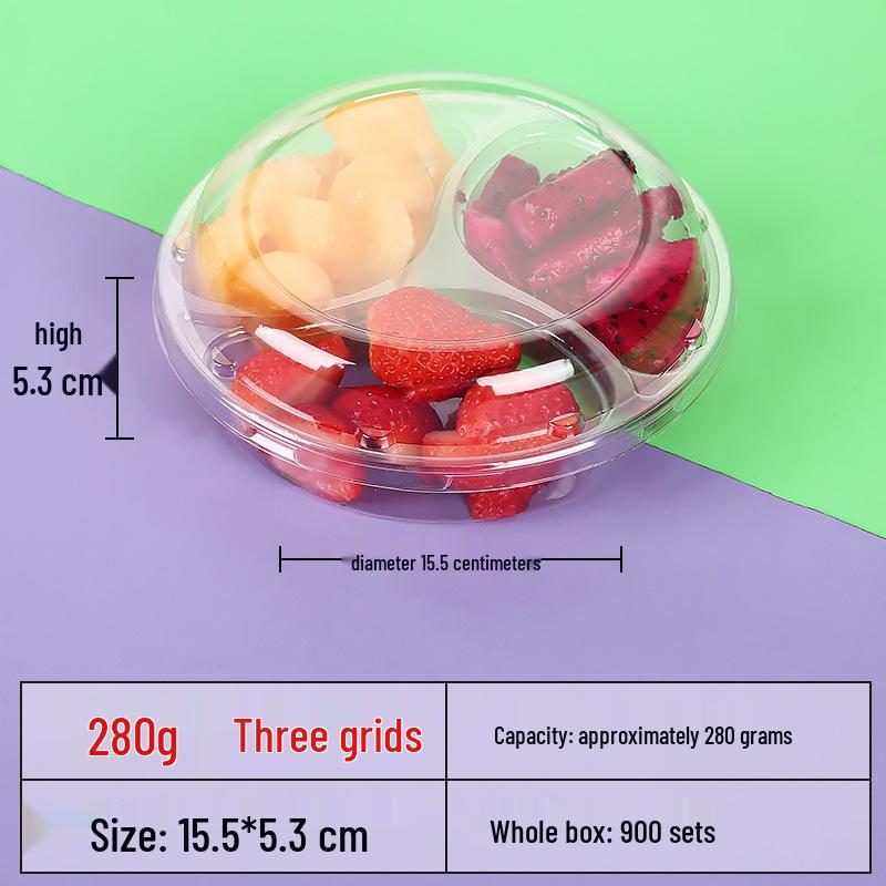 Transparente runde Einweg-Salatschale mit dreigeteilter Obstschale