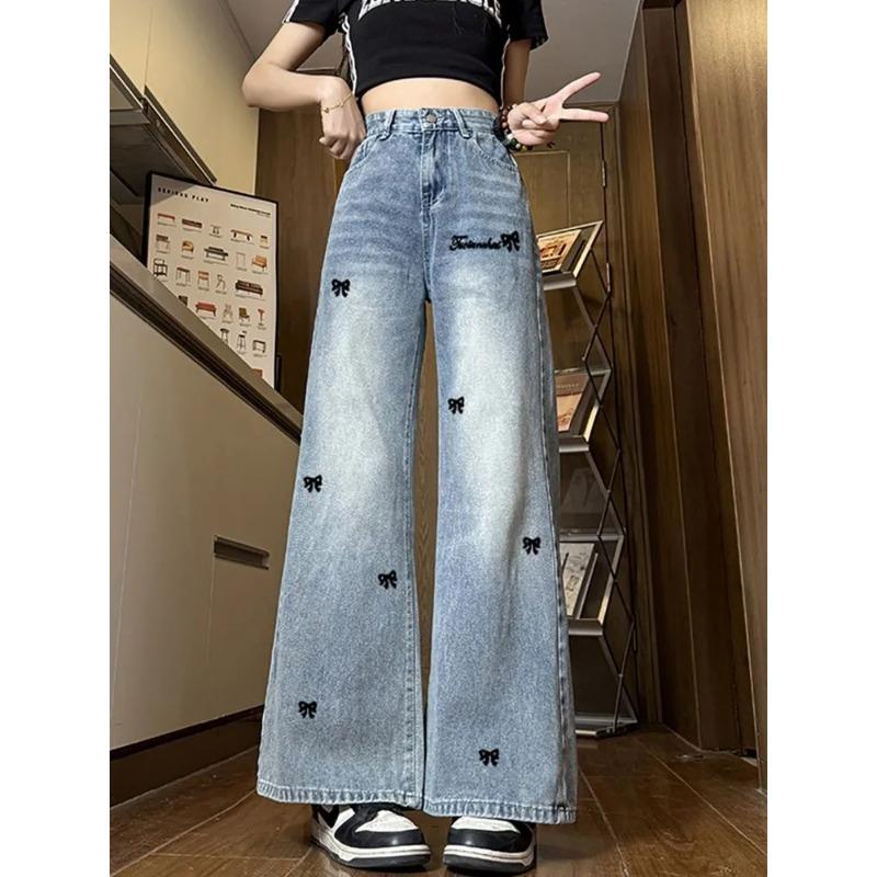 New American Style Jeans for Women Trendy Versatile High-waisted Slimming Loose Flesh-covering Straight Wide-leg Casual Trousers