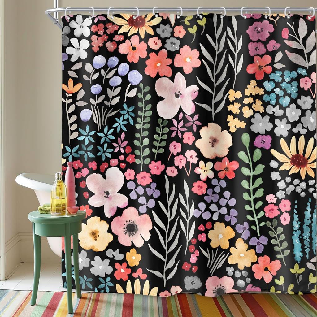 Spring Boho Style Kids Girls Teen Wildflowers Pink Watercolor Fabric Bathroom Curtains, Trendy Botanical Bathroom Decor Set