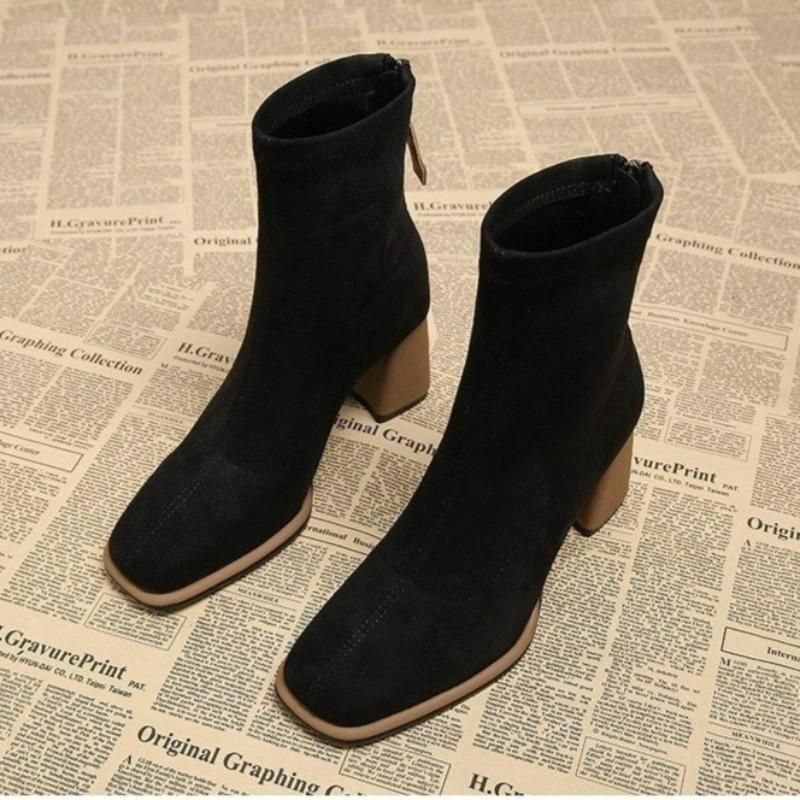 Fashion Vintage Square Toe Women Ankle Boots Fashion Zippers Thick Heels Shoes Women Winter Elegant Comfortable Short Boots Women