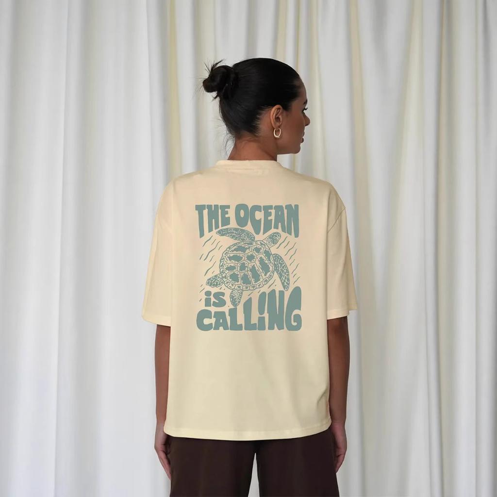 Women's Round Neck Sea Turtle Graphic Tee Loose Fit 100% Cotton Casual Back Print T-Shirt