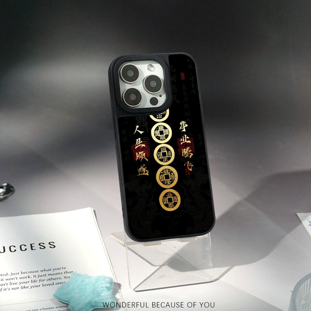 Chinesisches Wort glückliches Mode-Design Handyhülle für iPhone 17 16 e 15 14 13 12 Pro Max Lammleder Silberrand Schutzhülle