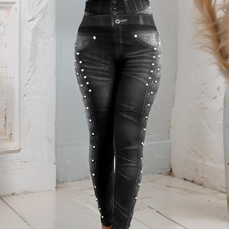 Beaded Denim-Look Studded Leggings 20005 Cross-Border