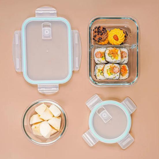 Skleněný obědový box Bento box Dělené nádoby na přípravu jídla s víčky Stohovatelné Opakovaně použitelné