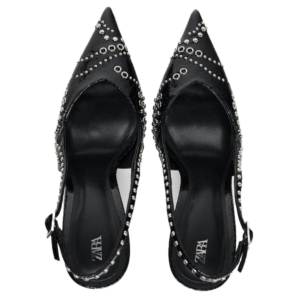 Zara Pu Studded Comfortable Versatile Pointed Toe Open Back Stiletto High Heels 10Cm Women High Heels Black 13205510-38