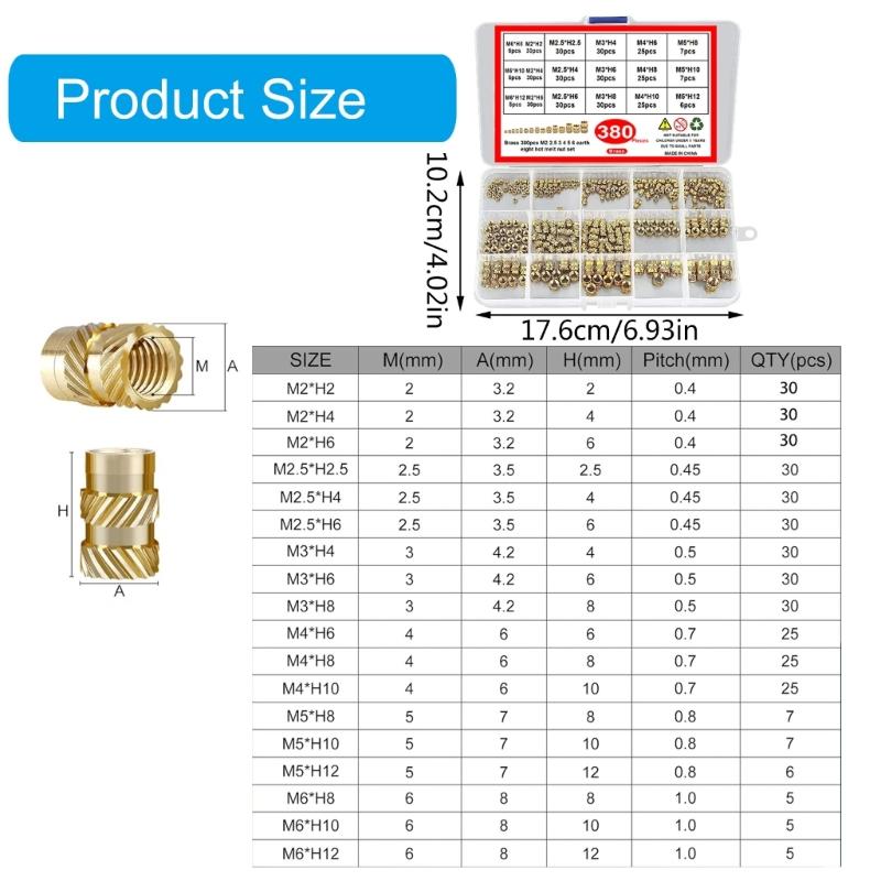 380Pcs Threaded Inserts 2/2.5/3/4/5/6mm Metric Knurled Nut Brass Embedding Nut for Printing 3D Printer Parts