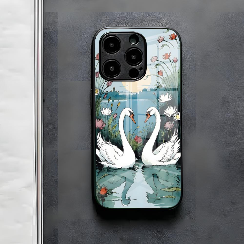 White Swan Illustration Phone Case For IPhone 17 Air 16 E Pro Max 15 14 13 Mini 12 Pro 11 Max Plus Black Glass Cover