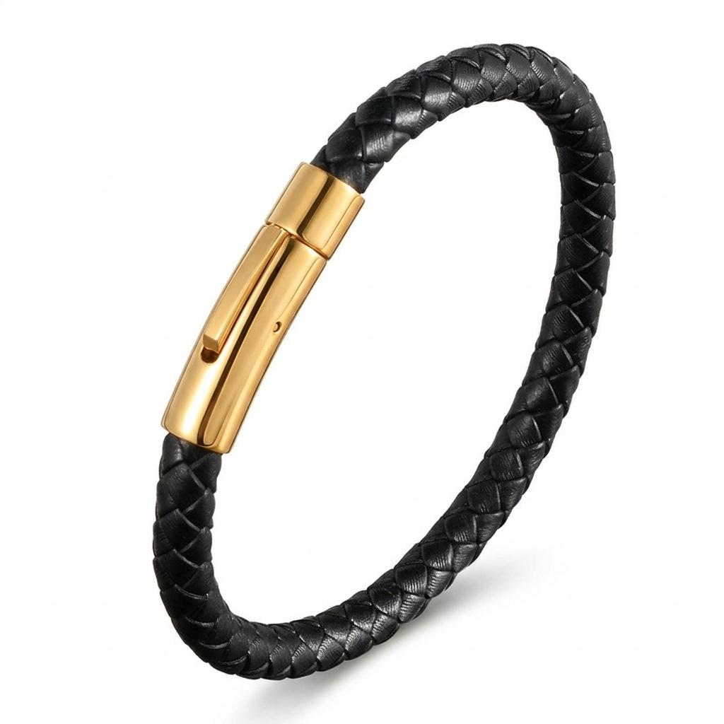 European and American Leather Bracelet Stainless Steel Snap Button Men's Woven Leather Bracelet