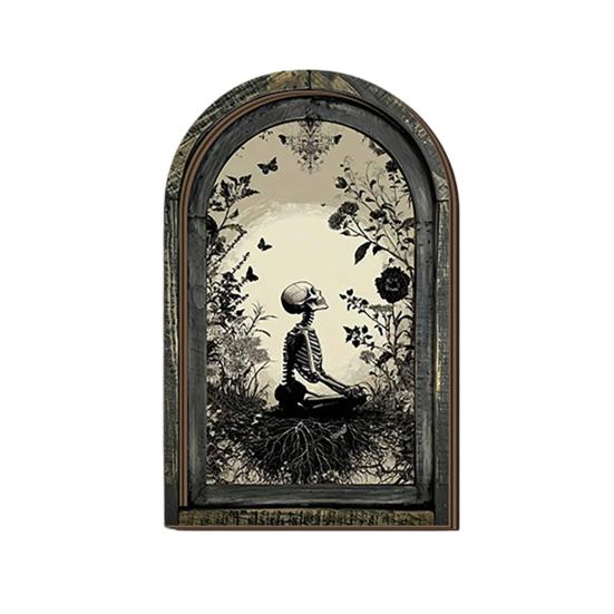 Dark Floral Halloween Art Arched Wooden Wall Decor, Ghost Cat Double-Layer Hanging Ornament, Distressed Gothic Medieval Window Style Decor Tabletop